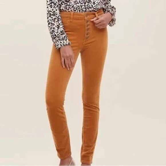 Pilcro High-Rise Skinny Pants Corduroy Mustard Yellow Size 29 Exposed Button Fly - Picture 3 of 9